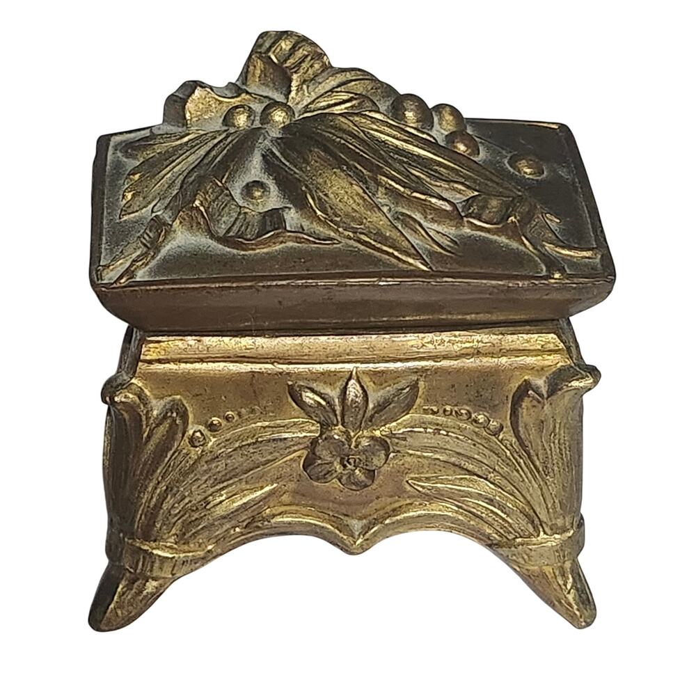 Antique Art Nouveau Brass Jewelry Casket Ring Box c.1900 Floral Gilt